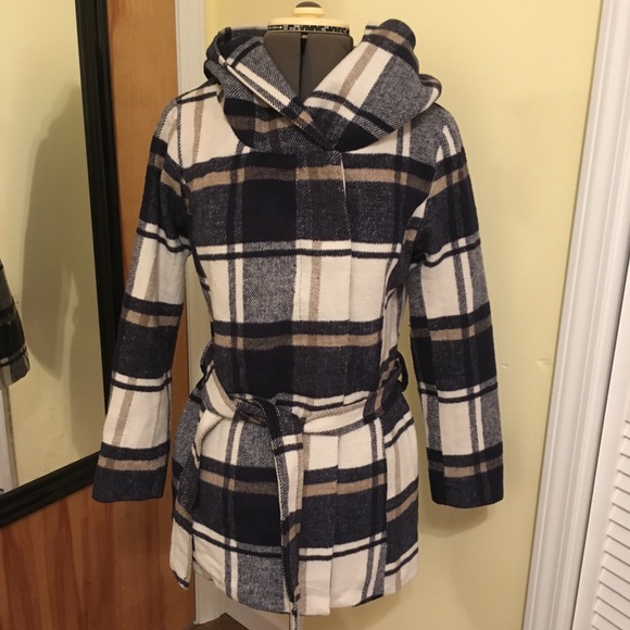 Mossimo Supply Co. Jackets & Blazers - Mossimo blue & cream plaid hooded pea coat S/P